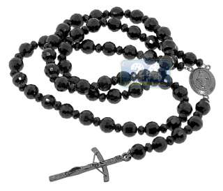 Black Stainless Steel Bead Stone Rosary Necklace 20 Inc  
