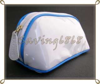 NEW Clarins faux leather white blue cosmetic makeup case bag  
