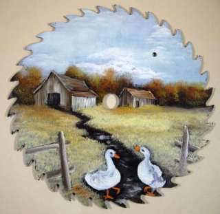 Hand Painted Circular Saw Blade Country Autumn Scene Barn Ducks  