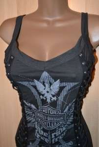 NWT Harley Pirate Black Radical V Neck Front Laces Tank Top Shirt L 