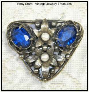   Art Deco Blue Czech Glass & Pearl Silver Ornate Fur Clip  