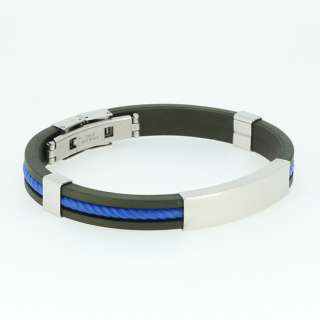 Stainless Steel Black Blue Rubber Bracelet Bangle  