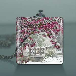 Cherry Blossom In Snow Glass Tile Necklace Pendant 636  