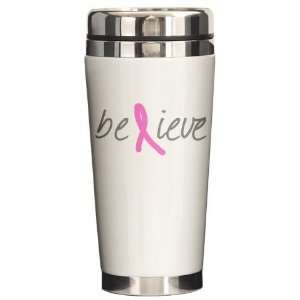  Believe In A Cure Breast cancer Ceramic Travel Mug by 