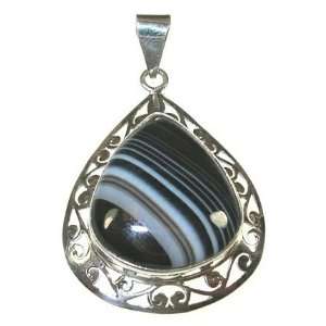  Banded Agate and Silver Teardrop Pendant
