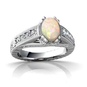    14K White Gold Oval Genuine Opal Antique Style Ring Size 4 Jewelry