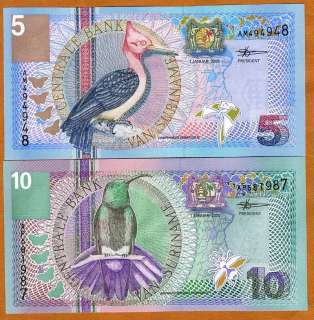 Suriname, 5 + 10 Gulden, Set, 2000, UNC > very colorful  