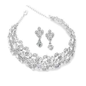  Bold Crystal Vine Wedding Choker Necklace Earring Set 