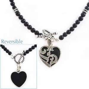    Silver Genuine Onyx beaded Necklace w/Heart Pendant: Jewelry