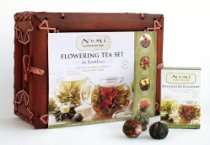   Mahogany Bamboo Chest: Glass Teapot & 6 Flowering Tea Blossoms