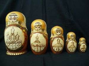 Russian Nesting Dolls 5 Piece Signed Burned Wood Design  