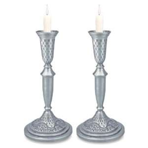  27 Centimeter Pewter Candlestick Set with Jerusalem and 