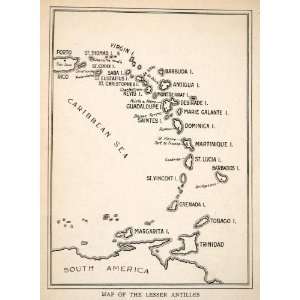  1926 Lithograph Map Lesser Antilles Caribbean Sea South 
