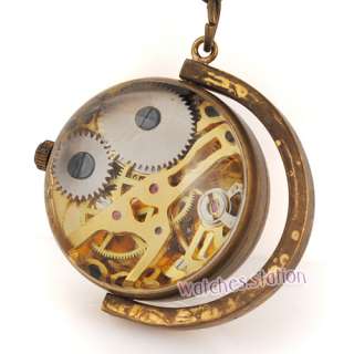 Steampunk Skeleton Golden Tone Ball Glass Case Mechanical Pocket Watch 