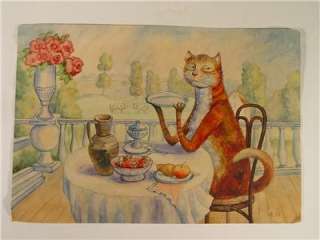   Russian Original Painting CAT DRINKING MILK Signed, Rare, Funny