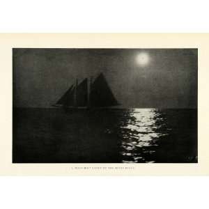  1921 Print Moonlight Grand Banks Sailboat Ship Landscape 