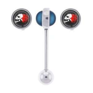    Flaming Skull Double Inlay Logo Barbell Tongue Ring: Jewelry