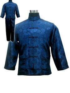 chinese mens silk satin kung fu tai chi Clothes suit blue  