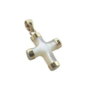   White Mother Of Pearl Small Centered Cross Pandant, 14k Gold Jewelry