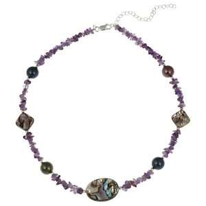   Silver Abalone, Amethyst Chips & Swarovski Pearl Necklace Jewelry