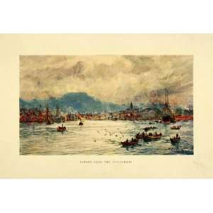  1907 Color Print Bergen Norway Puddefjord Bridge Sailboat Ship 