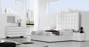 Modern Bonded Leather White Platform Bed Tall Headboard  