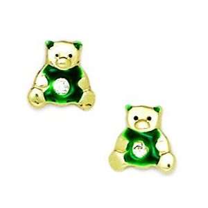  14k Yellow Gold Enamel Screwback Green Teddy Bear Earrings 