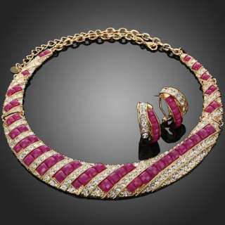 ARINNA Fuschia Stone Clear Rhinestone Necklace Earring Jewelry Set 18k 