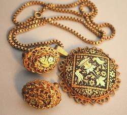 Vintage Miriam Haskell Gold Damascene Birds Necklace & Earrings 