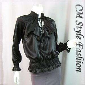 Elegant Ruffled Satin Shirt Blouse Top Black M/L/XL  