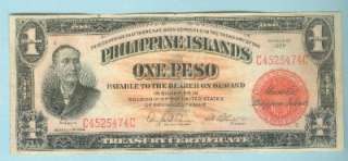 PHILIPPINES 1929 ONE PESO TREASURY CERT. DAVIS LAGDAMEO SIGNATURE P 