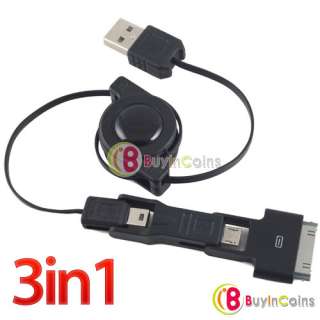 3in1 Retractable USB to Mini / Micro USB / iPhone 4 4S iPod Sync 