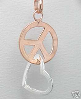 Sterling Silver & Rose Two Tone Floating Peace Sign Heart Pendant 