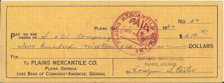 ROSALYNN CARTER First Lady Signed 1960 Mercantile Check  