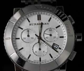 Burberry Mens Trench Swiss Made Chronograph White Chronograph Dial SS 