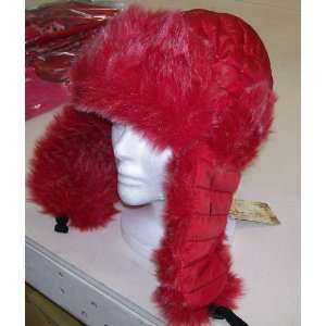  Fox Faux Fur Trooper Bomber Aviator Ski Hat Red w/Red Fur 
