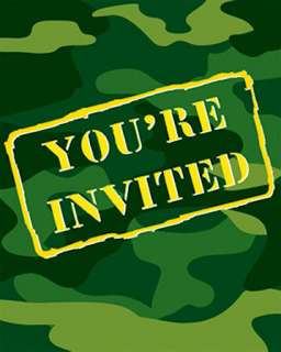 Pack 8 Camo Gear Army Birthday Party Invitations  