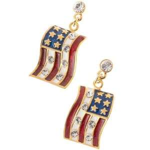 Patriotic American Flag Charm Crystal Earrings Gold
