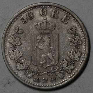 nice grade silver 50 ore of norway lower mintage date oscar ii king of 