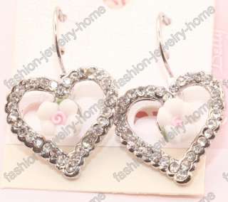 Clear Glass Crystal Heart Rose Flower Silver Plated Dangle Earrings 