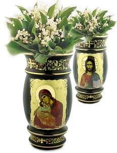 Greek Icon Virgin Holy Flower Ceramic Vase 24KT GOLD  