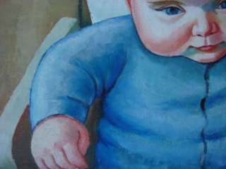 1930s 1940s Original Baby High Chair Oil Painting Art  