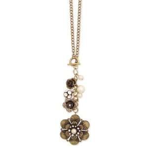  Antiqued Gold Metal Faux Pearl & Flower Toggle Necklace 
