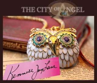 Vintage Kenneth Jay Lane Enamel Owl Gold Necklace  