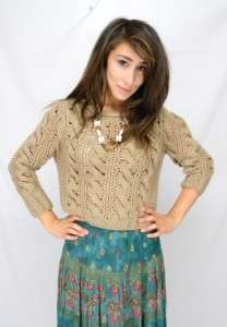 VINTAGE Cable Knit CROCHET HIPPIE Coffee Colored FISHERMAN Cropped 