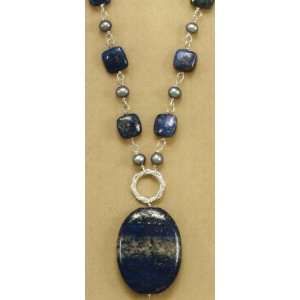   8mm Lapis, 4mm Gray Cultured Pearls, 1.75 in Lapis Drop, 16+2inExt