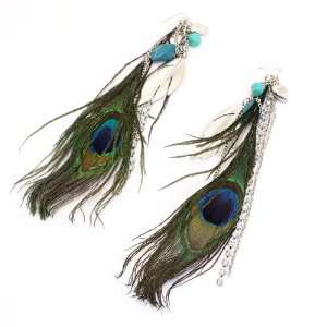   Silver Metal; Turquoise Beads; Genuine Peacock Feathers;: Jewelry