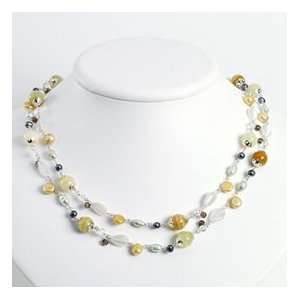 Sterling Silver Cats Eye/Cultured Pearls/Quartz/Yellow Jade Necklace 