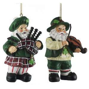 Set of 2 Irish Santa Claus with Instrument Christmas Ornaments:  