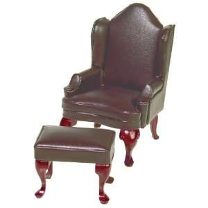   Dollhouse Miniature Brown Leather Wing Chair & Ottoman: Toys & Games